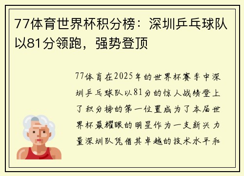 77体育世界杯积分榜：深圳乒乓球队以81分领跑，强势登顶